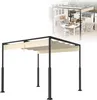 A freestanding pergola with a retractable canopy, shown against a white background. A smaller inset image shows the pergola set up outdoors with a dining table and chairs. Voir les images du produit