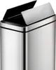Close-up of the top of a stainless steel trash can with its lid open. Produktbild-Vorschau