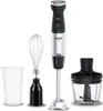 A set of kitchen appliances including an immersion blender, a whisk attachment, a measuring cup, and a chopper attachment, arranged on a white background. Produktbild-Vorschau