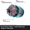 Diagram showing the internal components of a brushless motor with callouts for performance and lifespan benefits. Produktbild-Vorschau