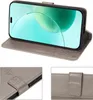 A collage of images showing a gray flip phone case with embossed floral patterns, including a close-up of the case's closure and side. Produktbild-Vorschau