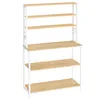 A tall, multi-shelf storage unit with a wood-grain finish and white metal frame. Náhled obrázku produktu