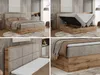 A collage of images showing a modern bed with storage, different angles and details. Produktbild-Vorschau