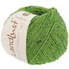A ball of green yarn with blue flecks, with a label wrapped around it. Produktbild-Vorschau