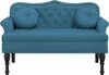 A blue velvet loveseat with two round throw pillows and decorative nailhead trim on a white background. Podgląd zdjęcia produktu