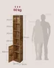 A tall, narrow bookshelf with one door and several open shelves, shown next to silhouettes of two people for scale, with various dimensions and weight capacity indicated. Náhled obrázku produktu