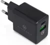 A black dual USB-C PD and QC 3.0 fast charger with the brand logo and text on its side. Produktbild-Vorschau