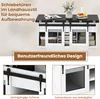 A marketing image showcasing a white cabinet with a black top, featuring sliding barn doors and interior shelving. The image is divided into a main view and two close-up detail shots. Voir les images du produit