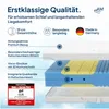A cross-section diagram of a mattress showing its different layers and features, with accompanying text descriptions and a test seal. Produktbild-Vorschau