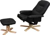A black leather recliner chair and ottoman on a white background.