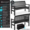 A product image showcasing a black wooden garden bench with descriptive text and icons on the left side, and a second view of the bench with a cover on the right. Produktbild-Vorschau