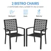Two black metal bistro chairs are shown against a white background, with icons and text indicating suitability for backyard, deck, or balcony use. Produktbild-Vorschau