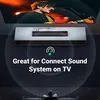 A soundbar is shown connected to a TV, with a graphic indicating sound waves emanating from it. Text overlays highlight its suitability for connecting sound systems to TVs. Podgląd zdjęcia produktu