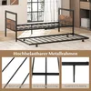 A metal bed frame with a pull-out trundle bed, shown in a room with a window and a bookshelf. Close-up shots highlight the bed's features. Produktbild-Vorschau