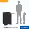 A black chest freezer is shown next to silhouettes of an adult and a child, with dimensions indicated. The brand logo is also visible. Produktbild-Vorschau