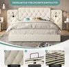 A bedroom scene featuring a large upholstered bed with integrated bedside tables and lamps, presented with close-up detail shots of its features. Produktbild-Vorschau