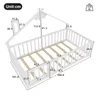 A diagram showing the dimensions of a white children's bed with a house-shaped canopy and safety rails. Podgląd zdjęcia produktu