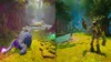 A split image showing a fantasy forest scene with a furry creature on the left and a tree-like creature on the right. Podgląd zdjęcia produktu