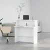 A white reception desk with a laptop and office supplies in a bright, modern office setting. Anteprima dell’immagine prodotto