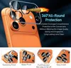 A close-up of an orange smartphone with a camera lens protector being advertised, with feature callouts below. Produktbild-Vorschau