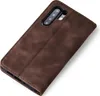 A brown leather flip case for a smartphone, shown from a diagonal angle against a white background. Produktbild-Vorschau