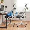 Two office chairs are shown, one in front of a desk and another to the side, with arrows indicating adjustability. Produktbild-Vorschau