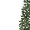A close-up side view of a green artificial Christmas tree with white artificial snow and brown pine cones. Voir les images du produit
