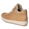 A side view of a brown Ecco boot with a white sole and beige fur lining. Podgląd zdjęcia produktu
