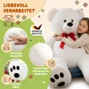 A girl hugging a large white teddy bear, with various close-up shots and text highlighting product features. Anteprima dell’immagine prodotto