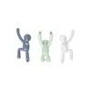 Three colorful, stylized hooks shaped like figures hanging from a surface. Náhled obrázku produktu