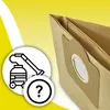 A close-up of vacuum cleaner bags with a graphic overlay showing a vacuum cleaner and a question mark. Produktbild-Vorschau