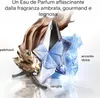 A perfume bottle is surrounded by ingredients and decorative elements, with descriptive text overlayed. Voir les images du produit