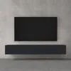 A black TV screen is mounted on a gray concrete wall above a dark gray floating TV stand. Produktbild-Vorschau