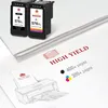 A product shot of two ink cartridges, a stack of paper, and a printer illustration, with marketing text about high yield. Produktbild-Vorschau