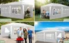 Collage of four images showing a white gazebo tent in different settings: outdoors with people, in a garden, on a patio with a grill, and on a beach. Produktbild-Vorschau