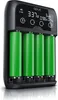 A black battery charger with four green batteries inserted, displaying information on a digital screen. Produktbild-Vorschau