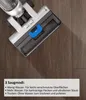 A close-up view of a cordless wet-dry vacuum cleaner head on a wooden floor, with text describing its features. Produktbild-Vorschau