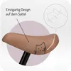 A close-up of a bicycle saddle with a cat design, with a text overlay and a magnified view of the design. Produktbild-Vorschau