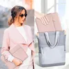 A collage showing a woman holding a pink laptop sleeve and a tote bag with a laptop sleeve being placed inside. Produktbild-Vorschau