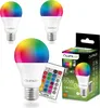 A set of RGB LED light bulbs and their packaging, along with a remote control. Produktbild-Vorschau