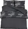 A dark grey duvet cover and pillowcases with white text are laid out on a white background. Produktbild-Vorschau
