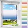 A window with a blue and white gradient pleated blind, showing a green lawn and blue sky outside. Several color swatches of similar blinds are displayed on the right side of the image. Produktbild-Vorschau
