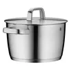 A stainless steel pot with a lid and handles. Anteprima dell’immagine prodotto