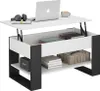 A modern coffee table with a lift-top mechanism, showing its storage compartments and shelves. Voir les images du produit
