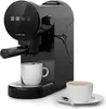 A black espresso machine with a cup of coffee being brewed. Produktbild-Vorschau