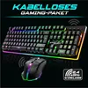 A wireless gaming keyboard and mouse set with RGB lighting, displayed against a black background with promotional text. Produktbild-Vorschau