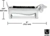 A silver dachshund-shaped jewelry dish with black rings inside, shown with dimensions indicated by measurement lines and text. Podgląd zdjęcia produktu