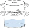 A diagram showing a steamer pot with food being cooked. Voir les images du produit