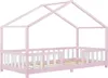 A pink and white house-shaped bed frame with a slatted base, shown from a side-front angle against a white background. Náhled obrázku produktu