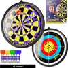 A collage of a dartboard set, including the dartboard, darts, and packaging with a player. Voir les images du produit